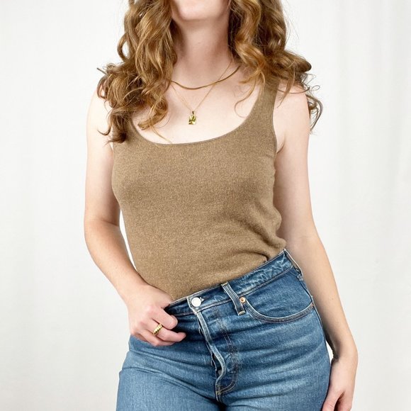 Vintage 100% Cashmere Parisian Camel Tan Brown Tank Top Sweater Capsule Wardrobe - Picture 8 of 8